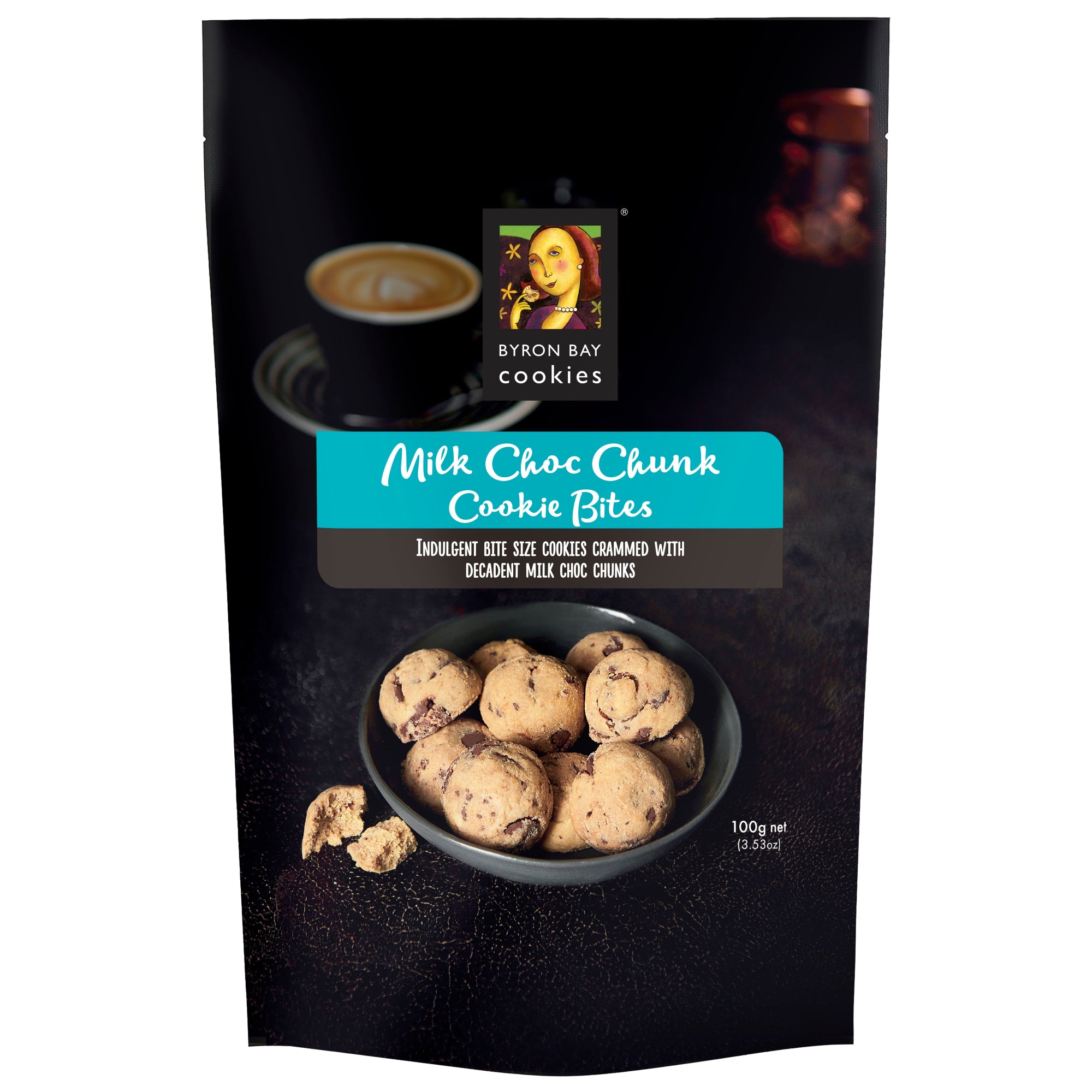 Packaging of Byron Bay Cookies Milk Choc Chunk Cookie Bites with a bowl of cookies and a cup of coffee on a black background.